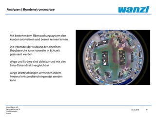 Wanzl Ges.m.b.H.
Fachmarktstraße 10
2334 Vösendorf
Austria
36
Mit bestehendem Überwachungssystem den
Kunden analysieren und besser kennen lernen
Die Intensität der Nutzung der einzelnen
Shopbereiche kann nunmehr in Echtzeit
gescreent werden
Wege und Ströme sind ablesbar und mit den
Sales-Daten direkt vergleichbar
Lange Warteschlangen vermeiden indem
Personal entsprechend eingesetzt werden
kann
24.03.2015
Analysen | Kundenstromanalyse
 