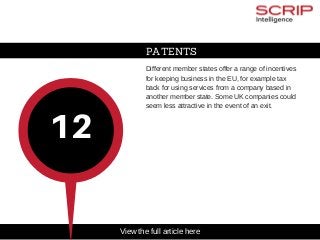 PATENTS
Different member states offer a range of incentives
for keeping business in the EU, for example tax
back for using services from a company based in
another member state. Some UK companies could
seem less attractive in the event of an exit.
12
View the full article here
 