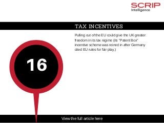 TAX INCENTIVES
Pulling out of the EU could give the UK greater
freedom in its tax regime (its "Patent Box"
incentive scheme was reined in after Germany
cited EU rules for fair play.)
16
View the full article here
 