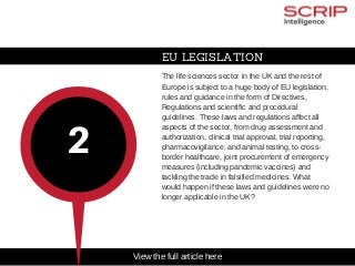 EU LEGISLATION
The life sciences sector in the UK and the rest of
Europe is subject to a huge body of EU legislation,
rules and guidance in the form of Directives,
Regulations and scientific and procedural
guidelines. These laws and regulations affect all
aspects of the sector, from drug assessment and
authorization, clinical trial approval, trial reporting,
pharmacovigilance, and animal testing, to cross­
border healthcare, joint procurement of emergency
measures (including pandemic vaccines) and
tackling the trade in falsified medicines. What
would happen if these laws and guidelines were no
longer applicable in the UK?
2
View the full article here
 