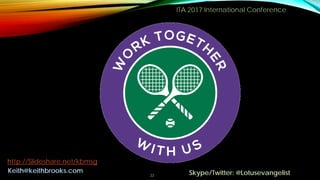 ITA 2017 International Conference
22
Keith@keithbrooks.com Skype/Twitter: @Lotusevangelist
http://Slideshare.net/kbmsg
 