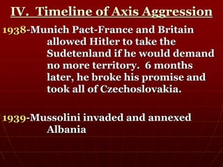 IV. Timeline of Axis Aggression
1938-Munich Pact-France and Britain
allowed Hitler to take the
Sudetenland if he would demand
no more territory. 6 months
later, he broke his promise and
took all of Czechoslovakia.
1939-Mussolini invaded and annexed
Albania
 