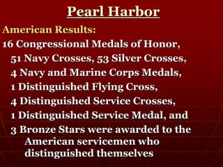 Pearl Harbor
American Results:
16 Congressional Medals of Honor,
51 Navy Crosses, 53 Silver Crosses,
4 Navy and Marine Corps Medals,
1 Distinguished Flying Cross,
4 Distinguished Service Crosses,
1 Distinguished Service Medal, and
3 Bronze Stars were awarded to the
American servicemen who
distinguished themselves
 
