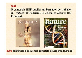 2001
   O consorcio HGP publica un borrador de traballo
   en Nature (15 Febreiro), e Celera en Science (16
   Febreiro)




2003:Termínase a secuencia completa do Xenoma Humano
 