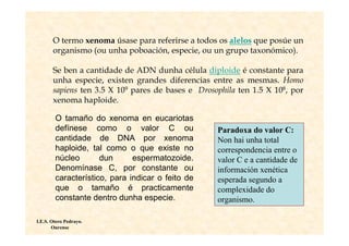 O termo xenoma úsase para referirse a todos os alelos que posúe un
       organismo (ou unha poboación, especie, ou un grupo taxonómico).

       Se ben a cantidade de ADN dunha célula diploide é constante para
       unha especie, existen grandes diferencias entre as mesmas. Homo
       sapiens ten 3.5 X 109 pares de bases e Drosophila ten 1.5 X 108, por
       xenoma haploide.

        O tamaño do xenoma en eucariotas
        defínese como o valor C ou                 Paradoxa do valor C:
        cantidade de DNA por xenoma                Non hai unha total
        haploide, tal como o que existe no         correspondencia entre o
        núcleo       dun      espermatozoide.      valor C e a cantidade de
        Denomínase C, por constante ou             información xenética
        característico, para indicar o feito de    esperada segundo a
        que o tamaño é practicamente               complexidade do
        constante dentro dunha especie.            organismo.

I.E.S. Otero Pedrayo.
       Ourense
 