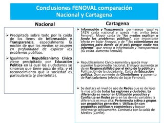 Conclusiones FENOVAL comparación
Nacional y Cartagena
Nacional
 Precipitada sobre todo por la caída
de los ítems de Infor...