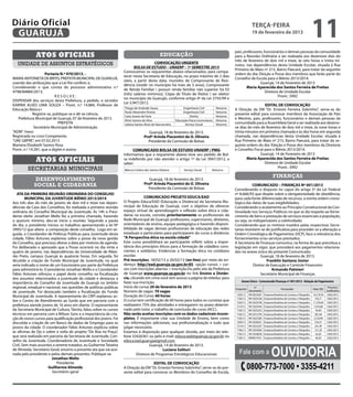 Diário Oficial
 GUARUJÁ
                                                                                                                                                                 terça-feira
                                                                                                                                                                 19 de fevereiro de 2013
                                                                                                                                                                                                                          11
                                                                                                                                                    pais, professores, funcionários e demais pessoas da comunidade
              Atos oficiais                                                                     educação                                            para a Reunião Ordinária a ser realizada aos dezenove dias do
                                                                                                                                                    mês de fevereiro de dois mil e treze, às oito horas e trinta mi-
   unidade de assuntos estratégicos                                                      CONVOCAÇÃO URGENTE
                                                                                                                                                    nutos, nas dependências desta Unidade Escolar, situada à Rua
                                                                            BOLSA DE ESTUDO – UNAERP – 1º SEMESTRE 2013
                                                                                                                                                    Primeiro de Maio nº 215, Bairro Paecará, para tratar da seguinte
                                                                     Convocamos os requerentes abaixo relacionados, para compa-
                     Portaria N.º 970/2013. -                                                                                                       ordem do dia: Eleição e Posse dos membros que farão parte do
                                                                     recer nesta Secretaria de Educação, no prazo máximo de 2 dias
MARIA ANTONIETA DE BRITO, PREFEITA MUNICIPAL DE GUARUJÁ,                                                                                            Conselho de Escola para o Biênio 2013/2014.
                                                                     úteis, a partir desta data, munidos de Comprovante de Resi-
usando das atribuições que a Lei lhe confere; e,                                                                                                                    Guarujá, 14 de Fevereiro de 2013
                                                                     dência (residir no município há mais de 5 anos), Comprovante
Considerando o que consta do processo administrativo n.º                                                                                                    Maria Aparecida dos Santos Ferreira de Freitas
                                                                     de Renda Familiar ( possuir renda familiar não superior há 03
4798/84884/2013;                                                                                                                                                        Diretora de Unidade Escolar
                                                                     (três) salários mínimos), Cópia de Título de Eleitor ( ser eleitor
                           RESOLVE:                                                                                                                                             Pront.: 3992
                                                                     no município do Guarujá), conforme artigo 4º da Lei 2745/99 e
DISPENSAR dos serviços desta Prefeitura, a pedido, o servidor
                                                                     Lei 3.947/2012.
KARINA ALVES LIMA SOUZA – Pront. n.º 14.884, Professor de                                                                                                              EDITAL DE CONVOCAÇÃO
                                                                     Thiago de Andrade Souza                    Engenharia Civil          Noturno
Educação Básica I.                                                                                                                                  A Direção da EM “Dr. Ernesto Ferreira Sobrinho”, serve-se do
                                                                     Paulo Alexandre Pereira                    Engenharia Civil          Noturno
             Registre-se, publique-se e dê-se ciência.                                                                                              presente edital para convocar membros da Associação de Pais
                                                                     Carla Soares de Faria                           Direito              Noturno
   Prefeitura Municipal de Guarujá, 07 de fevereiro de 2013.         Almir Gomes da Silva                  Educação Física-Licenciatura   Noturno
                                                                                                                                                    e Mestres, pais, professores, funcionários e demais pessoas da
                             PREFEITA                                Juliana Santos Alves de Vasconcelos         Serviço Social           Noturno   comunidade para a Assembleia Geral a ser realizada aos dezeno-
              Secretário Municipal de Administração                                                                                                 ve dias do mês de fevereiro de dois mil e treze, às nove horas e
“ADM” /mesr                                                                            Guarujá, 18 de fevereiro de 2013.                            trinta minutos em primeira chamada e às dez horas em segunda
Registrada no Livro Competente,                                                     Profª Arinda Piacentini de O. Oliveira                          chamada, nas dependências desta Unidade Escolar, situada à
“UAE GBPRE”, em 07.02.2013                                                            Presidente da Comissão de Bolsas                              Rua Primeiro de Maio nº 215, Bairro Paecará, para tratar da se-
Mariana Elizabeth Santos Rosa                                                                                                                       guinte ordem do dia: Eleição e Posse dos membros da Diretoria
Pront. n.º 19.281, que a digitei e assino                                 COMUNICADO BOLSA DE ESTUDO UNAERP / PMG                                   e Conselho Fiscal para o Biênio 2013/2014.
                                                                     Informamos que a requerente abaixo teve seu pedido de Bol-                                     Guarujá, 14 de Fevereiro de 2013
              Atos oficiais                                          sa indeferido por não atender o artigo 1º da Lei 3947/2012, a
                                                                     saber:
                                                                                                                                                            Maria Aparecida dos Santos Ferreira de Freitas
                                                                                                                                                                      Diretora de Unidade Escolar
         secretarias municipais                                                                                                                                               Pront.: 3992
                                                                     Márcia Cristina dos Santos Oliveira         Serviço Social       Noturno

                                                                                                                                                                                    finanças
              desenvolvimento                                                          Guarujá, 18 de fevereiro de 2013.
             social e cidadania                                                     Profª Arinda Piacentini de O. Oliveira                                     COMUNICADO – FINANÇAS Nº 001/2013
                                                                                      Presidente da Comissão de Bolsas                              Considerando o disposto no caput do artigo 5º da Lei Federal
   ATA DA PRIMEIRA REUNIÃO ORDINÁRIA DO CONSELHO                                                                                                    nº 8.666/93 que dispõe sobre a obrigatoriedade de obediência,
         MUNICIPAL DA JUVENTUDE BIÊNIO 2013/2014                                   COMUNICADO PROJETO EDUCA/EAD                                     para cada fonte diferenciada de recursos, a estrita ordem crono-
Aos três dias do mês de janeiro de dois mil e treze nas depen-       O Projeto Educa/EAD (Educação a Distância) da Secretaria Mu-                   lógica das datas de suas exigibilidades;
dências da Casa dos Conselhos, foi realizada a primeira reunião      nicipal de Educação de Guarujá, com o objetivo de oferecer                     Considerando o acatamento ao Princípio Constitucional da Con-
ordinária do Conselho Municipal da Juventude. Às 14h o Presi-        espaço virtual de aprendizagem e reflexão sobre ética e cida-                  tinuidade nos Serviços Públicos no que se diz respeito ao forne-
dente eleito Jonathan Mello fez a primeira chamada, havendo          dania na escola, convida prioritariamente os profissionais da                  cimento de bens e prestação de serviços essenciais a população,
o quorum minimo, deu-se ínicio a reunião. Seguindo a pauta           Rede Municipal de Guarujá: professores, supervisores, diretores,               ou seja, os indispensáveis a coletividade;
do dia, o presidente iniciou os trabalhos apresentando a lei Nº      orientadores de ensino, equipe pedagógica e havendo disponi-                   Considerando que os motivos trazidos pelas respectivas Secre-
3995/12 que altera a composição deste conselho. Logo em se-          bilidade de vagas demais profissionais de educação das redes                   tarias revestem-se de justificativa para proceder-se a alteração a
guida, o Coordandor de Políticas Públicas para Juventude desta       estaduais e particulares para participarem do curso a distância:               Ordem Cronológica de Pagamentos (OCP), face a relevância dos
cidade, Fábio Antunes explanou sobre a posse da nova gestão          “A Perspectiva ética na escola cidadã”                                         fornecimentos e/ou serviços prestados;
do Conselho, que precisou alterar a data por motivos de agenda.      Este curso possibilitará ao participante refletir sobre a impor-               A Secretaria de Finanças comunica, na forma do que preceitua a
Foi deliberado e aprovado que a Posse ocorrerá no dia vinte e        tância dos princípios éticos para a formação de cidadãos cons-                 legislação em vigor, que procederá aos pagamentos relaciona-
quatro de janeiro, nas dependências da Universidade de Ribei-        cientes e solidários. Evidenciar a formação ética no cotidiano                 dos no anexo único do presente Comunicado.
rão Preto, campus Guarujá às quatorze horas. Em seguida, foi         escolar.                                                                                        Guarujá, 18 de fevereiro de 2013.
dicutido a criação do Fundo Municipal da Juventude, na qual          Pré-inscrições: 18/02/13 a 20/02/13 (on-line) por meio do en-                                       Franklin Santana Júnior
seria indicado o nome de um funcionário por parte da Prefeitura      dereço: http://ead.guaruja.sp.gov.br:85 opção cursos > cur-                                Diretor de Execução e Controle Financeiro
para administrá-lo. O presidente Jonathan Mello e o Coordandor       sos com inscrições abertas > inscrição.Ou pelo site da Prefeitura                                      Armando Palmieri
Fábio Antunes reforçou o papel deste conselho na fiscalização        de Guarujá www.guaruja.sp.gov.br no link Ensino a Distân-                                       Secretário Municipal de Finanças
dos assuntos relacionados a juventude da cidade e destacou a         cia, clicando em cima você tem acesso a página do teleduc para
                                                                     fazer sua inscrição.                                                               Anexo Único - Comunicado Finanças nº 001/2013 - Relação de Pagamentos
importância do Conselho da Juventude de Guarujá no âmbito
regional, estadual e nacional, nas questões de políticas públicas    Início do curso: 20 de fevereiro de 2013                                       Empenho
                                                                                                                                                                   nº
                                                                                                                                                                                            Fornecedor                    Valor (R$)
                                                                                                                                                                                                                                        Processo/
de juventude. Foi destacado também a fiscalização do Fundo           Número de vagas: 70 vagas                                                                 documento                                                               Justificativa
                                                                     Duração do Curso: 60 horas                                                      7203/12   9910023407   Empresa Brasileira de Correios e Telegrafos   16.219,50     5365/2013
Municipal de Juventude. A representante do CRPI explanou so-
                                                                                                                                                     7182/12   9912025538   Empresa Brasileira de Correios e Telegrafos    103,71       5365/2013
bre o Centro de Atendimento ao Surdo que em parceria com a           O curso tem certificação de 60 horas para todos os cursistas que                7203/12   9912025538   Empresa Brasileira de Correios e Telegrafos   11.376,69     5365/2013
prefeitura atende jovens de 16 anos em diante. O representante       realizarem 75% das atividades e entregarem no prazo determi-                    7210/12   9912025444   Empresa Brasileira de Correios e Telegrafos   1.816,68      5365/2013
da Secretaria Municipal de Cultura, Tárcito, falou sobre os cursos   nado pelo tutor, o trabalho de conclusão de curso (ACC).                        7185/12   9912025253   Empresa Brasileira de Correios e Telegrafos     50,40       5365/2013
técnicos em parceria com a Wilson Sons e a importância da cria-      Não serão aceitas inscrições com os dados cadastrais incom-                     7182/12   9912015794   Empresa Brasileira de Correios e Telegrafos    381,68       5365/2013
ção de novos cursos para qualificação profissional dos jovens. Foi   pletos. É importante citar sua Unidade de Ensino, bem como                      7182/12   9912025280   Empresa Brasileira de Correios e Telegrafos   3.218,90      5365/2013
discutida a criação de um Banco de dados de Emprego para os          nas informações adicionais, sua profissionalização e tudo que                   7204/12   9912026021   Empresa Brasileira de Correios e Telegrafos    576,37       5365/2013
jovens da cidade. O coordenador Fábio Antunes explicou sobre         julgar necessário.                                                              7210/12   9912025207   Empresa Brasileira de Correios e Telegrafos    241,99       5365/2013
                                                                                                                                                     7196/12   9912025840   Empresa Brasileira de Correios e Telegrafos    151,20       5365/2013
as oficinas de Djs e sobre a votla do projeto “De Boa na Praça”,     Estamos à disposição para qualquer dúvida, por meio do tele-                    7182/12   9912026658   Empresa Brasileira de Correios e Telegrafos     63,26       5365/2013
que será realizado em parceria da Secretaria de Juventude, Con-      fone 33426361 ou pelo e-mail: educa.ead@guaruja.sp.gov.br ou                    7185/12   9909019761   Empresa Brasileira de Correios e Telegrafos     46,30       5365/2013
selho da Juventude, Coordenadoria de Juventude e Sociedade           educa.ead.guaruja@gmail.com


                                                                                                                                                                                  Ouvidoria
Civil. Sem mais assuntos a sereme tratados, eu Guiherme Teixeira                      Guarujá, 14 de fevereiro de 2013.
de Almeida, Secretário Geral, encerro a presente ata que vai assi-
nada pelo presidente e pelos demais presentes. Publique-se.
                                                                                              Luciana Salituri
                                                                              Diretora de Programas Estratégicos Educacionais                          Fale com a
                        Jonathan Mello

                                                                                                                                                               0800-773-7000 • 3355-4211
                            Presidente                                                  EDITAL DE CONVOCAÇÃO
                      Guilherme Almeida                              A Direção da EM “Dr. Ernesto Ferreira Sobrinho”, serve-se do pre-
                        Secretário-geral                             sente edital para convocar os Membros do Conselho de Escola,
 