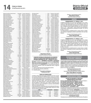 14                      terça-feira
                        19 de fevereiro de 2013
                                                                                                                                                                                    Diário Oficial
                                                                                                                                                                                     GUARUJÁ
Maria de Lourdes dos Santos Pereira      Nomeação    Portaria nº 0961/2013   Silvia Maria Tielone                  17.470    Processo nº 04715/2013
Maria Irene Romanos                       10.544    Processo nº 01475/2013   Silvio Marques                         6.558     Portaria nº 0646/2013                   Guarujá, 15 de fevereiro de 2013.
Maria Ivani de Oliveira                   11.076    Processo nº 02455/2013   Simone Santos de Souza                13.021     Portaria nº 0807/2013                       Diego Bezerra Pereira
Maria Jose de Mendonça                     9.675     Portaria nº 0731/2013   Simone Vicente da Costa               10.174    Processo nº 04187/2013                    Diretor de Gestão de Pessoas
Maria Jose Lima Rodrigues                 11.515     Portaria nº 0507/2013   Solange da Silva Gomes                19.247        Requerimento
Maria Leonora Agapito                    Nomeação    Portaria nº 0944/2013   Solange de Lourdes Costa              14.339     Portaria nº 0796/2013
Maria Lucia Ribeiro dos Santos            17.431     Portaria nº 0612/2013   Sonia Regina da Silva Vanderlei       17.450     Portaria nº 0619/2013
                                                                                                                                                                                 saúde
Maria Luiza Santos da Costa                2.941     Portaria nº 0136/2013   Sueli dos Santos Rodrigues            19.051    Processo nº 35451/2012
Maria Nilda Santos Pereira                10.886     Portaria nº 0450/2013   Sueli Gouveia Galindo                 19.411    Processo nº 02304/2013
                                                                                                                                                                  COMUNICADO Nº 01 / DIVISA-2 / 2013
Maria Seleta da Silva Machado             10.995     Portaria nº 0814/2013   Sueli Villardino Jardinetti           18.550     Portaria nº 0284/2013
                                                                                                                                                      A Vigilância Sanitária, no uso de suas atribuições e em cumpri-
Maria Silvia Santos Leite                 14.897     Portaria nº 0199/2013   Talita Andrade Souza dos Santos       17.373     Portaria nº 0546/2013   mento ao Artigo 98 da Portaria SVS / MS 344/98, do artigo 124
Maria Valdinete da Silva                   6.639     Portaria nº 0815/2013   Talita Juliana Baptista da Silva      19.455    Processo nº 02858/2013   da Portaria SVS / MS 06/99 e da Portaria CVS 10/2003, comunica
Marilena Masella                          15.094     Portaria nº 0642/2013   Tereza Cristina Araujo da Silva       14.828     Portaria nº 0760/2013   que o estabelecimento Drogaria Munhoz, sito à Av. Santos Du-
Marinalda Maria Eremita                   18.003     Portaria nº 0687/2013   Terza Ferreira Alves Novaes          Nomeação    Portaria nº 0964/2013   mont nº 1071 – loja 02 Bairro : Santo Antônio está autorizado a
Mario da Cruz Martins Gonçalves           15.026     Portaria nº 0663/2013   Thais Guimães Schlobach              Nomeação    Portaria nº 0933/2013   comercializar medicamentos constantes nas listas : A1, A2, A3,
Mario Flavio Meneses de Souza             16.270     Portaria nº 0676/2013   Thiago de Andade Souza                17.506     Portaria nº 0653/2013   B1, B2, C1, C2 e C5.
Mariselma Oliveira da Silva               12.122     Portaria nº 0732/2013   Valdemar Pereira da Silva             17.505     Portaria nº 0118/2013   Fica determinado ao estabelecimento cumprir todas as exigên-
Marlene Farias de Oliveira                17.498     Portaria nº 0115/2013   Valdemir dos Anjos                   Nomeação    Portaria nº 0942/2013   cias contidas na legislação sanitária supracitada e de suas atua-
Marta Caldas Santos                       17.839    Processo nº 03354/2013   Valdilea Silva de Moraes              11.539     Portaria nº 0593/2013   lizações..
Maurilio Jose de Barros                   14.810     Portaria nº 0817/2013   Vanessa dos Santos Gomes              14.838     Portaria nº 0022/2013
                                                                                                                                                                       Guarujá, 18 de Fevereiro de 2013
Maxwell Alves Garcia                      13.464     Portaria nº 0407/2013   Venus Mas de Oliveira                 16.540    Processo nº 04262/2013
Mayra da Gloria Morone                    11.566     Portaria nº 0286/2013   Vera Celidonio Dores                  11.543     Portaria nº 0568/2013
                                                                                                                                                                           Carlos Leda de Araújo
Mayra da Gloria Morone                    11.566     Portaria nº 0289/2013   Vera Celidonio Dores                  11.543    Processo nº 04171/2013                  Coordenador de Vigilância Sanitária
Michele Oliveira da Silva                Nomeação    Portaria nº 0934/2013   Vera Lucia dos Santos A. Cabral        7.426     Portaria nº 0816/2013
Michele Rachel de Oliveira                13.922    Processo nº 30464/2012   Veronica da Silva Guimarães           10.593     Portaria nº 0775/2013               COMUNICADO Nº 01 / DIVISA-2 / 2013
Michele Ribeiro Pereira                   19.583     Portaria nº 0652/2013   Vilma Maria de Souza Freire           10.594    Processo nº 03266/2013   A Vigilância Sanitária, no uso de suas atribuições e em cumpri-
Miguel Moreira Severino                   17.798    Processo nº 22337/2012   Vilma Maria de Souza Freire           10.594    Processo nº 03271/2013   mento ao Artigo 98 da Portaria SVS / MS 344/98, do artigo 124
Nanci Baptista                            18.768     Portaria nº 0052/2013   Virginia da Silva Santos              12.138     Portaria nº 0839/2013   da Portaria SVS / MS 06/99 e da Portaria CVS 10/2003, comunica
Neemias Cerqueira Andrade                 14.411     Portaria nº 0135/2013   Viviana C. N. da Cruz                 15.084    Processo nº 04166/2013   que o estabelecimento Drogaria Munhoz, sito à Av. Santos Du-
Neila Suely Sales de Assis                14.559    Processo nº 04099/2013   Viviana Cristina Nascimento           15.084     Portaria nº 0570/2013   mont nº 1071 – loja 02 Bairro : Santo Antônio está autorizado a
Niedson Guedes Coutinho                   12.738     Portaria nº 0874/2013   Waldir Gomes de Gouveia               19.136     Portaria nº 0620/2013   comercializar medicamentos constantes nas listas : A1, A2, A3,
Nina Fatima Mendes Dias                    5.064     Portaria nº 0812/2013   Walter Cesar Hideki Gushi             15.039     Portaria nº 0123/2013
                                                                                                                                                      B1, B2, C1, C2 e C5.
Noeli Rodrigues Azevedo                    6.049     Portaria nº 0747/2013   Wander Carlos Barbosa                 17.314     Portaria nº 0551/2013
                                                                                                                                                      Fica determinado ao estabelecimento cumprir todas as exigên-
Olivia Bueno Ferreira                     18.681     Portaria nº 0119/2013   Wania Maria Avila                    Nomeação    Portaria nº 0932/2013
Paula Izolina Cespedes                    13.030     Portaria nº 0804/2013   Wilson Pereira dos Santos            Nomeação    Portaria nº 0947/2013
                                                                                                                                                      cias contidas na legislação sanitária supracitada e de suas atua-
Paula Renata Badan Martins                17.300     Portaria nº 0543/2013   Wladislaine Valerio                   14.951     Portaria nº 0128/2013   lizações.
Paulo Eduardo do Nasciemento              17.936     Portaria nº 0116/2013   Zilma Maria dos S. Borba              15.068    Processo nº 04010/2013                   Guarujá, 18 de fevereiro de 2013.
Paulo Guilherme Correia                   18.803     Portaria nº 0208/2013                                                                                                 Carlos Leda de Araújo
Paulo Manoel da Silva                     12.292     Portaria nº 0127/2013                           Diego Bezerra Pereira                                           Coordenador de Vigilância Sanitária
Paulo Sergio da Silva                    Nomeação    Portaria nº 0952/2013                        Diretor de Gestão de Pessoas
Rafael da Costa Silva                    Nomeação    Portaria nº 0928/2013
Rafael Matias da Silva                    19.613     Portaria nº 0724/2013        COMISSÃO INTERNA DE PREVENÇÃO DE ACIDENTES                                        desenvolvimento
Ramiro Ribeiro de Jesus                   17.881     Portaria nº 0614/2013
Raphael da Silva                          18.568     Portaria nº 0898/2013
                                                                                  EDITAL DE CONVOCAÇÃO PARA REALIZAÇÃO DA 4ª                                         e gestão urbana
                                                                                  REUNIÃO ORDINÁRIA DA CIPA – GESTÃO 2012/2013
Regina de Oliveira da Silva               14.850     Portaria nº 0802/2013
                                                                             Ficam convocados os MEMBROS TITULARES E SUPLENTES                        Foi autorizado nesta data desbloqueio, no valor de R$124.063,33
Regina Estela Barbosa Botelho             19.633     Portaria nº 0615/2013
                                                                             DA CIPA a comparecerem nas dependências da Sala de Reu-                  (cento e vinte e quatro mil, sessenta e três reais e trinta e três
Reginaldo Moraes Armesto                  11.571    Processo nº 03520/2013
Renata Aparecida Ribeiro                  12.061     Portaria nº 0777/2013   niões da Secretaria de Educação, no 1º andar do Paço Ra-                 centavos) de repasse, relativo à 42ª Medição do CT Nº 218.827-
Renato da Silva Matheus                   13.013     Portaria nº 0912/2013   phael Vitiello, no dia 20/02/2013, às 14h30, para participarem           99/2007-Trabalho Social-PAC Favela Porto Cidade/Ministério das
Ricardo Barbur                            19.535     Portaria nº 0794/2013   da Reunião Ordinária, onde será deliberado sobre a seguinte              Cidades. Tendo em vista a comprovação da execução das obras/
Ricardo Rodrigues                         17.296     Portaria nº 0555/2013   ordem do dia:                                                            serviços, conforme o cronograma. Em conformidade com o dis-
Rinaldo Delfino dos Santos                 6.079        Requerimento         1 – Leitura e aprovação da Ata da Reunião anterior;                      posto na Lei 9.452, de 20 MAR 97.
Rita Aparecida de Oliveira Albuquerque    11.365    Processo nº 04255/2013   2 – Discussão dos assuntos pendentes;                                                    Guarujá,18 de fevereiro de 2013.
Roberto Jamir de Aguiar                   12.430     Portaria nº 0129/2013   3 – Assuntos gerais.                                                                      Arq.º Fábio Eduardo Serrano
Roberto Luiz de Oliveira                  19.584     Portaria nº 0616/2013                        Fernando Luiz Ventura                                       Secretário de Desenvolvimento e Gestão Urbana
Rogerio de Lira Queiroz                    5.002     Portaria nº 0643/2013                           Presidente da CIPA
Rogerio Vieira da Silva                   12.895     Portaria nº 0773/2013
                                                                                                                                                                     Eng.º Carlos Alberto S. de Souza
Rosana Soares da Silva                   Nomeação    Portaria nº 0939/2013                                                                                          Diretor de Infraestrutura e Habitação
                                                                                                 EDITAL DE CONVOCAÇÃO
Rosangela Andrade da Silveira             10.580     Portaria nº 0826/2013
                                                                             A Prefeitura Municipal de Guarujá, Estado de São Paulo, através
Rosangela Santos de Oliveira              17.390     Portaria nº 0029/2013
                                                                             da Secretaria Municipal de Administração, convoca os servido-                           advocacia geral
Roseli Ferreira da Cunha                  13.012     Portaria nº 0820/2013
Rosemary Vieira da Silva                   9.546     Portaria nº 0750/2013   res relacionados abaixo, para que no prazo de três (03) dias úteis                     DIVISÃO DE INQUÉRITO E PROCESSO
Rosicleide dos Santos                     10.582     Portaria nº 0811/2013   a contar da publicação deste, compareçam junto a Diretoria de                            ADMINISTRATIVO DISCIPLINAR
Rosicler Fonseca                          14.974    Processo nº 04091/2013   Gestão de Pessoas (2º andar - sala nº 65), desta Prefeitura Muni-        Processo Administrativo Disciplinar nº. 37134/137739/2011.
Rubens Paulo Ferreira Costa               17.990     Portaria nº 0617/2013   cipal, sito a Av. Santos Dumont, n° 640, Santo Antônio, no ho-           Dra. Daniele Cristina Barboza - OAB/SP 289.690;
Rubens Santos Filho                        7.847     Portaria nº 0644/2013   rário das 08:00 às 12:00 horas e das 15:00 às 18:00 horas para           Dr. André dos Reis Sergente – OAB/SP 227.874;
Rute da Silva Moreira                     18.430     Portaria nº 0122/2013   tomar ciência do que foi decidido no processo administrativo             Dr. Armando Fernandes Filho – OAB/SP 132.744;
Ruthe Chagas da Silva                    Nomeação    Portaria nº 0943/2013   relativo ao vosso prontuário.		
Ruy Gemignani Petrechem                    3.712     Portaria nº 0282/2013                                                                            Dra. Vera Lucia Bárrio Dominguez – OAB/SP 126.171.
                                                                             O não atendimento a este Edital de Convocação permitirá que a            Processado: R. D. C. - prontuário 13.247
Ruy Lins Melo Medeiros                    16.053     Portaria nº 0853/2013
                                                                             Prefeitura de Guarujá adote as medidas legais cabíveis em razão          De ordem do Presidente da Comissão de Processo Administrati-
Sabrina dos Santos Ferreira               19.149     Portaria nº 0166/2013
                                                                             do que consta no processo citado.                                        vo Disciplinar, nomeado pela Portaria AGM nº. 273/2012, ficam,
Sandra Aparecida Ascoli                    7.137    Processo nº 01474/2013
Sandra Valeria                            12.455        Requerimento                          NOME                  PRONTUÁRIO       PROCESSO         os advogados acima indicados, INTIMADOS, para sessão de oi-
Sandro de Moraes Duarte                   13.506    Processo nº 04252/2013   ALEXANDRE PEREIRA DA SILVA                17.113        32.917/2012      tiva das testemunhas da Administração e de Defesa, que será
Selma Dias Doria                           4.215     Portaria nº 0813/2013   CINTIA BATISTA ABAD                       14.130         1.574/2013      realizada no dia 13/03/2013, a partir das 14:00 horas, na divisão
Sergio Lopes Leite                         4.599     Portaria nº 0645/2013   DARIO DE MEDEIROS LIMA                    18.305        32.899/2012
                                                                                                                                                      de Inquérito Administrativo Disciplinar, sita à Rua Azuil Loureiro,
Severino Jose Ferreira                   Nomeação    Portaria nº 0938/2013   RAQUEL RODRIGUES A BARBOSA                 5.275        19.876/2005
                                                                                                                                                      691, 3º e 5º andares, Santa Rosa, Guarujá-SP.
Sheila Lourenço Guimarães                Nomeação    Portaria nº 0954/2013   ROSANA DE CAMARGO                         14.635        36.611/2012
                                                                             VIVIANE LUCIA DOS SANTOS                  14.365         1.572/2013
                                                                                                                                                                           José Eduardo Lascane
Silvanilton A. B. Sorte                    5.528    Processo nº 04163/2013
                                                                                                                                                       Presidente da Comissão de Processo Administrativo Disciplinar
 