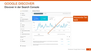19Screenshot: Google Search Console
GOOGLE DISCOVER
Disvover in der Search Console
Keywords-Tab
fehlt
 