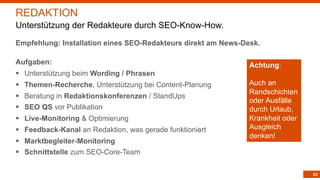 63
Empfehlung: Installation eines SEO-Redakteurs direkt am News-Desk.
Aufgaben:
§ Unterstützung beim Wording / Phrasen
§ Themen-Recherche, Unterstützung bei Content-Planung
§ Beratung in Redaktionskonferenzen / StandUps
§ SEO QS vor Publikation
§ Live-Monitoring & Optimierung
§ Feedback-Kanal an Redaktion, was gerade funktioniert
§ Marktbegleiter-Monitoring
§ Schnittstelle zum SEO-Core-Team
REDAKTION
Unterstützung der Redakteure durch SEO-Know-How.
Achtung:
Auch an
Randschichten
oder Ausfälle
durch Urlaub,
Krankheit oder
Ausgleich
denken!
 