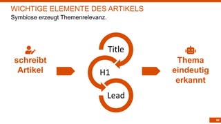 66
Title
H1
Lead
WICHTIGE ELEMENTE DES ARTIKELS
Symbiose erzeugt Themenrelevanz.
Thema
eindeutig
erkannt
schreibt
Artikel
 