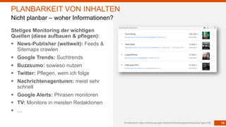 78
Stetiges Monitoring der wichtigen
Quellen (diese aufbauen & pflegen):
§ News-Publisher (weltweit): Feeds &
Sitemaps crawlen
§ Google Trends: Suchtrends
§ Buzzsumo: sowieso nutzen
§ Twitter: Pflegen, wem ich folge
§ Nachrichtenagenturen: meist sehr
schnell
§ Google Alerts: Phrasen monitoren
§ TV: Monitore in meisten Redaktionen
§ …
Screenshot: https://trends.google.de/trends/trendingsearches/daily?geo=DE
PLANBARKEIT VON INHALTEN
Nicht planbar – woher Informationen?
 