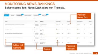 88Screenshot: https://de.news-dashboard.com
MONITORING NEWS-RANKINGS
Bekanntestes Tool: News Dashboard von Trisolute.
Artikel mit
Ranking
Datum
Ranking
Position
Position
News Box
 
