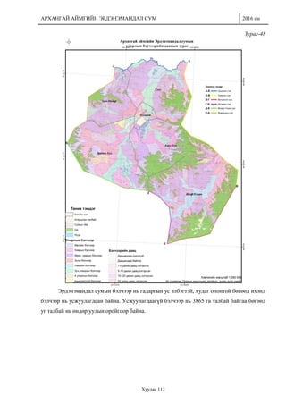 АРХАНГАЙ АЙМГИЙН ЭРДЭНЭМАНДАЛ СУМ 2016 он
Хуудас 112
Зураг-48
Эрдэнэмандал сумын бэлчээр нь гадаргын ус элбэгтэй, худаг олонтой бөгөөд ихэнд
бэлчээр нь усжуулагдсан байна. Усжуулагдаагүй бэлчээр нь 3865 га талбай байгаа бөгөөд
уг талбай нь өндөр уулын оройгоор байна.
 