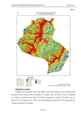 АРХАНГАЙ АЙМГИЙН ЭРДЭНЭМАНДАЛ СУМ 2016 он
Хуудас 21
Зураг-5.
Гадаргын зүг зовхис:
Гадаргын зүг зовхисийг нутаг дэвсгэрийн газар зохион байгуулалтын төлөвлөлтөнд
ашиглах бөгөөд сумын нутаг дэвсгэрийн 17.1 хувийг хойд зүг буюу 337.5-22.5 градусын
зүг зовхис, 15 хувийг урд зүг буюу 157.5-202.5 градусын зүг зовхис, 9.9 хувийг зүүн зүг
буюу 67.5-112.5 градусын зүг зовхис, 9,4 хувийг баруун зүг буюу 247.5-292.5 градусын зүг
зовхистой гадарга эзэлж байна.
 