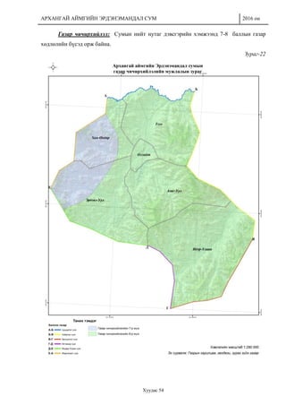 АРХАНГАЙ АЙМГИЙН ЭРДЭНЭМАНДАЛ СУМ 2016 он
Хуудас 54
Газар чичирхийлэл: Сумын нийт нутаг дэвсгэрийн хэмжээнд 7-8 баллын газар
хөдлөлийн бүсэд орж байна.
Зураг-22
 