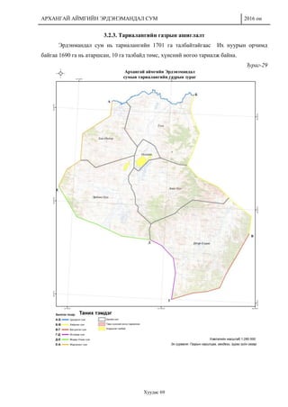 АРХАНГАЙ АЙМГИЙН ЭРДЭНЭМАНДАЛ СУМ 2016 он
Хуудас 69
3.2.3. Тариалангийн газрын ашиглалт
Эрдэнмандал сум нь тариалангийн 1701 га талбайтайгаас Их нуурын орчимд
байгаа 1690 га нь атаршсан, 10 га талбайд төмс, хүнсний ногоо тариалж байна.
Зураг-29
 