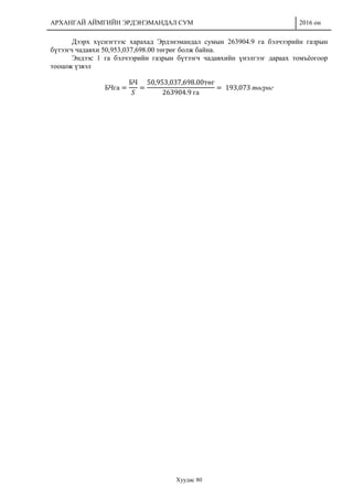АРХАНГАЙ АЙМГИЙН ЭРДЭНЭМАНДАЛ СУМ 2016 он
Хуудас 80
Дээрх хүснэгтээс харахад Эрдэнэмандал сумын 263904.9 га бэлчээрийн газрын
бүтээгч чадавхи 50,953,037,698.00 төгрөг болж байна.
Эндээс 1 га бэлчээрийн газрын бүтээгч чадавхийн үнэлгээг дараах томъёогоор
тооцож үзвэл
БЧга =
БЧ
𝑆
=
50,953,037,698.00төг
263904.9 га
= 193,073 төгрөг
 