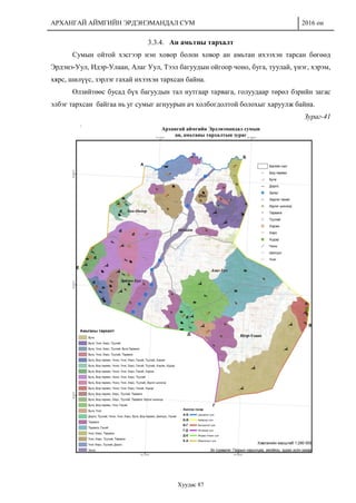 АРХАНГАЙ АЙМГИЙН ЭРДЭНЭМАНДАЛ СУМ 2016 он
Хуудас 87
3.3.4. Ан амьтны тархалт
Сумын ойтой хэсгээр нэн ховор болон ховор ан амьтан ихээхэн тарсан бөгөөд
Эрдэнэ-Уул, Идэр-Улаан, Алаг Уул, Тээл багуудын ойгоор чоно, буга, туулай, үнэг, хэрэм,
хярс, шилүүс, зэрлэг гахай ихээхэн тархсан байна.
Өлзийтөөс бусад бүх багуудын тал нутгаар тарвага, голуудаар төрөл бзрийн загас
элбэг тархсан байгаа нь уг сумыг агнуурын ач холбогдолтой болохыг харуулж байна.
Зураг-41
 