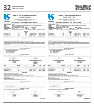 2/2
RELATÓRIO DE ENSAIO Nº RSOC 11743/13 Versão 00
SABESP - Cia de Saneamento Básico do
Estado de São Paulo
Alameda Adriano Neiva da Motta e Silva nº 45 - CEP:
11065-690 - Jose Menino - Santos
Cliente: Sabesp - Cia de Saneamento Básico do Estado de São Paulo / Guarujá - Nicolas Alvarez Gonzalez
Endereço: AV Leomil, 1055 - (indefinido) * - Guaruja
Tipo de Amostra: Rede de Distribuição Guarujá - Cavalete Id. Pto: 021RE108
Miqueas da Conceição DanielColetor:FracasChuvas:03/06/2013 - 10:45Data/horário de coleta:
Procedência: 021RE108 R Uruguai nº 950 - Escola (VISA)-Baln Cid. Atlantica-Guaruja
Número da amostra: 11743/13
Ensaio Resultado Método
Unidade de
Medida
SalaData
. / SMEWW - 4500-Cl GCloro Residual Livre 2,50 mg/L Externo03/06/13
. / SMEWW - 4500-Cl GCloro Residual Total 2,80 mg/L Externo03/06/13
SMEWW - 2550 A e BTemperatura da Amostra 19,0 ºC Externo03/06/13
SMEWW - 2550 A e BTemperatura do Ar 25,0 ºC Externo03/06/13
Observações:
Este Relatório só deve ser reproduzido completo.
Reprodução de partes requer aprovação escrita do laboratório.
Os resultados apresentados neste relatório aplicam-se somente a amostra entregue no laboratório.
Os valores da estimativa de incerteza de medição estão disponíveis no Laboratório e serão fornecidos ao cliente sempre que solicitado.
Plano de Amostragem conforme Portaria 2914/11 - Ministério da Saúde, para mananciais de captação, saída do tratamento e sistema de
distribuição de água.
Amostragem realizada pelo cliente.
A ausência de coliformes totais também evidencia a ausência de E. Coli
Endereço dos Laboratórios
Santos - Jose Menino - Alameda Adriano Neiva da Motta e Silva nº 45 CEP: 11065-690
Sala 05 - Laboratório Físico Químico de Água
Sala 13 - Laboratório de Bacteriologia
Externo - Laboratório do Cliente
Legendas e Informações
SMEWW - Standard Methods for the Examination of Water and Wastewater
Químico Eliete C Moya Rios Bozoklian
CRQ 04163404
Supervisor
Matr. 529412
ENG Químico Savio Evaristo R Martinez
CRQ 04341989
Gerente de Divisão
Matr. 566954
Data 10/06/2013
RSOC-065 Emissão 15/09/06
2/2
RELATÓRIO DE ENSAIO Nº RSOC 11743/13 Versão 00
SABESP - Cia de Saneamento Básico do
Estado de São Paulo
Alameda Adriano Neiva da Motta e Silva nº 45 - CEP:
11065-690 - Jose Menino - Santos
Cliente: Sabesp - Cia de Saneamento Básico do Estado de São Paulo / Guarujá - Nicolas Alvarez Gonzalez
Endereço: AV Leomil, 1055 - (indefinido) * - Guaruja
Tipo de Amostra: Rede de Distribuição Guarujá - Cavalete Id. Pto: 021RE108
Miqueas da Conceição DanielColetor:FracasChuvas:03/06/2013 - 10:45Data/horário de coleta:
Procedência: 021RE108 R Uruguai nº 950 - Escola (VISA)-Baln Cid. Atlantica-Guaruja
Número da amostra: 11743/13
Ensaio Resultado Método
Unidade de
Medida
SalaData
. / SMEWW - 4500-Cl GCloro Residual Livre 2,50 mg/L Externo03/06/13
. / SMEWW - 4500-Cl GCloro Residual Total 2,80 mg/L Externo03/06/13
SMEWW - 2550 A e BTemperatura da Amostra 19,0 ºC Externo03/06/13
SMEWW - 2550 A e BTemperatura do Ar 25,0 ºC Externo03/06/13
Observações:
Este Relatório só deve ser reproduzido completo.
Reprodução de partes requer aprovação escrita do laboratório.
Os resultados apresentados neste relatório aplicam-se somente a amostra entregue no laboratório.
Os valores da estimativa de incerteza de medição estão disponíveis no Laboratório e serão fornecidos ao cliente sempre que solicitado.
Plano de Amostragem conforme Portaria 2914/11 - Ministério da Saúde, para mananciais de captação, saída do tratamento e sistema de
distribuição de água.
Amostragem realizada pelo cliente.
A ausência de coliformes totais também evidencia a ausência de E. Coli
Endereço dos Laboratórios
Santos - Jose Menino - Alameda Adriano Neiva da Motta e Silva nº 45 CEP: 11065-690
Sala 05 - Laboratório Físico Químico de Água
Sala 13 - Laboratório de Bacteriologia
Externo - Laboratório do Cliente
Legendas e Informações
SMEWW - Standard Methods for the Examination of Water and Wastewater
Químico Eliete C Moya Rios Bozoklian
CRQ 04163404
Supervisor
Matr. 529412
ENG Químico Savio Evaristo R Martinez
CRQ 04341989
Gerente de Divisão
Matr. 566954
Data 10/06/2013
2/2
RELATÓRIO DE ENSAIO Nº RSOC 10140/13 Versão 00
SABESP - Cia de Saneamento Básico do
Estado de São Paulo
Alameda Adriano Neiva da Motta e Silva nº 45 - CEP:
11065-690 - Jose Menino - Santos
Cliente: Sabesp - Cia de Saneamento Básico do Estado de São Paulo / Guarujá - Nicolas Alvarez Gonzalez
Endereço: AV Leomil, 1055 - (indefinido) * - Guaruja
Tipo de Amostra: Rede de Distribuição Vicente de Carvalho - Cavalete Id. Pto: 022RE065
Coletor:NãoChuvas:09/05/2013 - 15:17Data/horário de coleta:
Procedência: 022RE065 AV Adriano Dias dos Santos nº 701 - Esc. Municipal- VISA (U.M.A.)-Jd Boa Esperanca-Vicente De
Número da amostra: 10140/13
Ensaio Resultado Método
Unidade de
Medida
SalaData
. / SMEWW - 4500-Cl GCloro Residual Livre 2,40 mg/L Externo09/05/13
. / SMEWW - 4500-Cl GCloro Residual Total 2,80 mg/L Externo09/05/13
SMEWW - 2550 A e BTemperatura da Amostra 19,0 ºC Externo09/05/13
SMEWW - 2550 A e BTemperatura do Ar 26,0 ºC Externo09/05/13
Observações:
Este Relatório só deve ser reproduzido completo.
Reprodução de partes requer aprovação escrita do laboratório.
Os resultados apresentados neste relatório aplicam-se somente a amostra entregue no laboratório.
Os valores da estimativa de incerteza de medição estão disponíveis no Laboratório e serão fornecidos ao cliente sempre que solicitado.
Plano de Amostragem conforme Portaria 2914/11 - Ministério da Saúde, para mananciais de captação, saída do tratamento e sistema de
distribuição de água.
Amostragem realizada pelo cliente.
A ausência de coliformes totais também evidencia a ausência de E. Coli
Endereço dos Laboratórios
Santos - Jose Menino - Alameda Adriano Neiva da Motta e Silva nº 45 CEP: 11065-690
Sala 05 - Laboratório Físico Químico de Água
Sala 13 - Laboratório de Bacteriologia
Externo - Laboratório do Cliente
Legendas e Informações
SMEWW - Standard Methods for the Examination of Water and Wastewater
Químico Reinaldo Guimaraes Gomes
CRQ 04225827
Supervisor
Matr. 541706
ENG Engenheiro Químico Savio Evaristo R
Martinez
CRQ 04341989
Gerente de Divisão
Matr. 566954
Data 14/05/2013
RSOC-065 Emissão 15/09/06
2/2
RELATÓRIO DE ENSAIO Nº RSOC 10140/13 Versão 00
SABESP - Cia de Saneamento Básico do
Estado de São Paulo
Alameda Adriano Neiva da Motta e Silva nº 45 - CEP:
11065-690 - Jose Menino - Santos
Cliente: Sabesp - Cia de Saneamento Básico do Estado de São Paulo / Guarujá - Nicolas Alvarez Gonzalez
Endereço: AV Leomil, 1055 - (indefinido) * - Guaruja
Tipo de Amostra: Rede de Distribuição Vicente de Carvalho - Cavalete Id. Pto: 022RE065
Coletor:NãoChuvas:09/05/2013 - 15:17Data/horário de coleta:
Procedência: 022RE065 AV Adriano Dias dos Santos nº 701 - Esc. Municipal- VISA (U.M.A.)-Jd Boa Esperanca-Vicente De
Número da amostra: 10140/13
Ensaio Resultado Método
Unidade de
Medida
SalaData
. / SMEWW - 4500-Cl GCloro Residual Livre 2,40 mg/L Externo09/05/13
. / SMEWW - 4500-Cl GCloro Residual Total 2,80 mg/L Externo09/05/13
SMEWW - 2550 A e BTemperatura da Amostra 19,0 ºC Externo09/05/13
SMEWW - 2550 A e BTemperatura do Ar 26,0 ºC Externo09/05/13
Observações:
Este Relatório só deve ser reproduzido completo.
Reprodução de partes requer aprovação escrita do laboratório.
Os resultados apresentados neste relatório aplicam-se somente a amostra entregue no laboratório.
Os valores da estimativa de incerteza de medição estão disponíveis no Laboratório e serão fornecidos ao cliente sempre que solicitado.
Plano de Amostragem conforme Portaria 2914/11 - Ministério da Saúde, para mananciais de captação, saída do tratamento e sistema de
distribuição de água.
Amostragem realizada pelo cliente.
A ausência de coliformes totais também evidencia a ausência de E. Coli
Endereço dos Laboratórios
Santos - Jose Menino - Alameda Adriano Neiva da Motta e Silva nº 45 CEP: 11065-690
Sala 05 - Laboratório Físico Químico de Água
Sala 13 - Laboratório de Bacteriologia
Externo - Laboratório do Cliente
Legendas e Informações
SMEWW - Standard Methods for the Examination of Water and Wastewater
Químico Reinaldo Guimaraes Gomes
CRQ 04225827
Supervisor
Matr. 541706
ENG Engenheiro Químico Savio Evaristo R
Martinez
CRQ 04341989
Gerente de Divisão
Matr. 566954
Data 14/05/2013
quarta-feira
19 de junho de 2013
32 GUARUJÁ
Diário Oficial
 