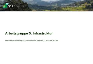 Arbeitsgruppe 5: Infrastruktur
Präsentation Workshop IV, Zwischenstand Arbeiten 22.06.2019, hg / pa
 