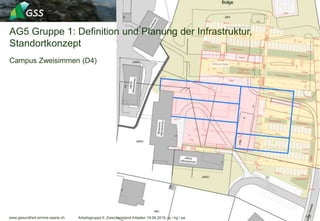 www.gesundheit-simme-saane.ch
AG5 Gruppe 1: Definition und Planung der Infrastruktur,
Standortkonzept
Campus Zweisimmen (D4)
Arbeitsgruppe 5, Zwischenstand Arbeiten 19.06.2019, wj / hg / pa 107
 