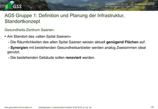 www.gesundheit-simme-saane.ch
AG5 Gruppe 1: Definition und Planung der Infrastruktur,
Standortkonzept
Gesundheits-Zentrum Saanen:
Arbeitsgruppe 5, Zwischenstand Arbeiten 19.06.2019, wj / hg / pa
 Am Standort des «alten Spital Saanen»
- Die Räumlichkeiten des alten Spital Saanen weisen aktuell genügend Flächen auf.
- Synergien mit bestehenden Gesundheitsanbieter werden analog Zweisimmen ideal
genutzt.
- Die bestehenden Gebäude sollen renoviert werden.
108
 