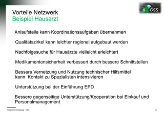 Vorteile Netzwerk
Beispiel Hausarzt
Anlaufstelle kann Koordinationsaufgaben übernehmen
Qualitätszirkel kann leichter regional aufgebaut werden
Nachfolgesuche für Hausärzte vielleicht erleichtert
Medikamentensicherheit verbessert durch bessere Schnittstellen
Bessere Vernetzung und Nutzung technischer Hilfsmittel
kann Kontakt zu Spezialisten intensivieren
Unterstützung bei der Einführung EPD
Bessere gegenseitige Unterstützung/Kooperation bei Einkauf und
Personalmanagement
Integrierte Versorgung - GSS 43
 