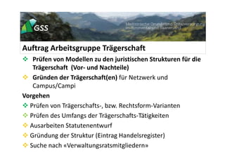 Auftrag Arbeitsgruppe Trägerschaft
 Prüfen von Modellen zu den juristischen Strukturen für die
Trägerschaft (Vor- und Nachteile)
 Gründen der Trägerschaft(en) für Netzwerk und
Campus/Campi
Vorgehen
 Prüfen von Trägerschafts-, bzw. Rechtsform-Varianten
 Prüfen des Umfangs der Trägerschafts-Tätigkeiten
 Ausarbeiten Statutenentwurf
 Gründung der Struktur (Eintrag Handelsregister)
 Suche nach «Verwaltungsratsmitgliedern»
 