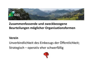 Zusammenfassende und zweckbezogene
Beurteilungen möglicher Organisationsformen
Verein
Unverbindlichkeit des Einbezugs der Öffentlichkeit;
Strategisch – operativ eher schwerfällig
 