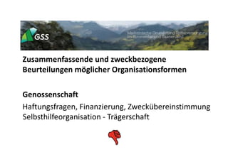 Zusammenfassende und zweckbezogene
Beurteilungen möglicher Organisationsformen
Genossenschaft
Haftungsfragen, Finanzierung, Zweckübereinstimmung
Selbsthilfeorganisation - Trägerschaft
 