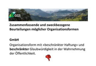Zusammenfassende und zweckbezogene
Beurteilungen möglicher Organisationsformen
GmbH
Organisationsform mit «beschränkter Haftung» und
beschränkter Glaubwürdigkeit in der Wahrnehmung
der Öffentlichkeit.
 