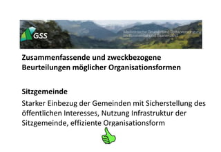 Zusammenfassende und zweckbezogene
Beurteilungen möglicher Organisationsformen
Sitzgemeinde
Starker Einbezug der Gemeinden mit Sicherstellung des
öffentlichen Interesses, Nutzung Infrastruktur der
Sitzgemeinde, effiziente Organisationsform
 