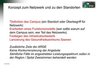 Konzept zum Netzwerk und zu den Standorten
"Definition des Campus (ein Standort oder Überbegriff für
Netzwerk)
Erarbeiten eines Funktionsmodells (wer sollte warum auf
dem Campus sein, wer Teil des Netzwerks)
Festlegen des Infrastrukturbedarfs
Lancierung des Gesundheitszentrums Saanen
Zusätzliche Ziele der ARGE
Keine Konkurrenzierung der Angebote
Sämtliche Fälle im angestrebten Leistungsspektrum sollen in
der Region / Spital Zweisimmen behandelt werden
 