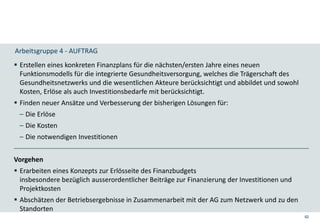 82
Arbeitsgruppe 4 - AUFTRAG
 Erstellen eines konkreten Finanzplans für die nächsten/ersten Jahre eines neuen
Funktionsmodells für die integrierte Gesundheitsversorgung, welches die Trägerschaft des
Gesundheitsnetzwerks und die wesentlichen Akteure berücksichtigt und abbildet und sowohl
Kosten, Erlöse als auch Investitionsbedarfe mit berücksichtigt.
 Finden neuer Ansätze und Verbesserung der bisherigen Lösungen für:
– Die Erlöse
– Die Kosten
– Die notwendigen Investitionen
Vorgehen
 Erarbeiten eines Konzepts zur Erlösseite des Finanzbudgets
insbesondere bezüglich ausserordentlicher Beiträge zur Finanzierung der Investitionen und
Projektkosten
 Abschätzen der Betriebsergebnisse in Zusammenarbeit mit der AG zum Netzwerk und zu den
Standorten
 