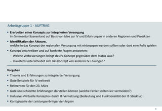 9
Arbeitsgruppe 1 - AUFTRAG
 Erarbeiten eines Konzepts zur integrierten Versorgung
im Simmental-Saanenland auf Basis von Idee zur IV und Erfahrungen in anderen Regionen und Projekten
 Identifikation der Akteure,
welche in das Konzept der regionalen Versorgung mit einbezogen werden sollten oder dort eine Rolle spielen
 Konzept beschreiben und auf konkrete Fragen antworten:
– Welche Verbesserungen bringt das IV-Konzept gegenüber dem Status Quo?
– Inwiefern unterscheidet sich das Konzept von anderen IV-Lösungen?
Vorgehen
 Theorie und Erfahrungen zu integrierter Versorgung
 Gute Beispiele für IV weltweit
 Referenten für den 23. März
 Gute und schlechte Erfahrungen darstellen können (welche Fehler sollten wir vermeiden?)
 Inklusive «Virtuelle Konzepte» durch IT-Vernetzung (Bedeutung und Funktionalität der IT-Struktur)
 Kartographie der Leistungserbringer der Region
 