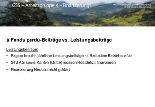 Medizinische Grund- und Spitalversorgung
im Simmental und SaanenlandGSS – Arbeitsgruppe 4 - Finanzierung
à Fonds perdu-Beiträge vs. Leistungsbeiträge
Leistungsbeiträge:
• Region bezahlt jährliche Leistungsbeiträge  Reduktion Betriebsdefizit
• STS AG sowie Kanton (Dritte) müssen Restdefizit finanzieren
• Finanzierung Neubau nicht geklärt
 