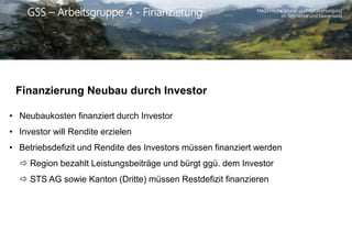 Medizinische Grund- und Spitalversorgung
im Simmental und SaanenlandGSS – Arbeitsgruppe 4 - Finanzierung
Finanzierung Neubau durch Investor
• Neubaukosten finanziert durch Investor
• Investor will Rendite erzielen
• Betriebsdefizit und Rendite des Investors müssen finanziert werden
 Region bezahlt Leistungsbeiträge und bürgt ggü. dem Investor
 STS AG sowie Kanton (Dritte) müssen Restdefizit finanzieren
 