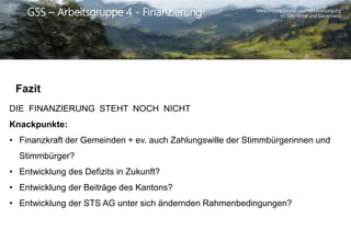 Medizinische Grund- und Spitalversorgung
im Simmental und SaanenlandGSS – Arbeitsgruppe 4 - Finanzierung
Fazit
DIE FINANZIERUNG STEHT NOCH NICHT
Knackpunkte:
• Finanzkraft der Gemeinden + ev. auch Zahlungswille der Stimmbürgerinnen und
Stimmbürger?
• Entwicklung des Defizits in Zukunft?
• Entwicklung der Beiträge des Kantons?
• Entwicklung der STS AG unter sich ändernden Rahmenbedingungen?
 