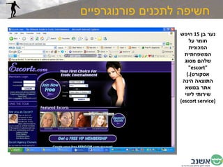 חשיפה לתכנים פורנוגרפיים נער בן  15  חיפש חומר על המכונית המשפחתית שלהם מסוג  " escort " ( אסקורט ).  התוצאה הינה אתר בנושא שירותי ליווי  ( escort service ) 
