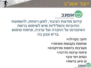 ייעוד אשנ " ב קידום מודעות הציבור ,  למען רווחתו ,  להשפעות החיוביות והשליליות שיש לשימוש ברשת האינטרנט על החברה ועל ערכיה ,  וטיפוח שימוש בריא ונבון בה . חינוך בקהילה שותפות בקבוצות משימה מעורבות ביוזמות ופרויקטים פיתוח ערכות הדרכה כנסים וימי עיון קו סיוע ברשת 