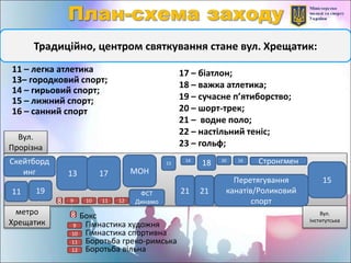 Вул.
Прорізна
метро
Хрещатик
11 – легка атлетика
13– городковий спорт;
14 – гирьовий спорт;
15 – лижний спорт;
16 – санний спорт
Традиційно, центром святкування стане вул. Хрещатик:
13 17
Стронгмен
Перетягування
канатів/Роликовий
спорт
15
Вул.
Інститутська
17 – біатлон;
18 – важка атлетика;
19 – сучасне п’ятиборство;
20 – шорт-трек;
21 – водне поло;
22 – настільний теніс;
23 – гольф;
14
18
11 19
20 16Скейтборд
инг
8 9
Бокс8
10 11 12
9 Гімнастика художня
10 Гімнастика спортивна
11 Боротьба греко-римська
12 Боротьба вільна
ФСТ
Динамо
МОН
2121
23
 