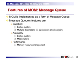 13
Features of MOM: Message Queue
 MOM is implemented as a form of Message Queue.
 Message Queue’s features are
Scalability
① Broker clusters
② Multiple destinations for a publishers or subscribers.
Availability
① Broker clusters
② Master/Slave
Performance
① Memory resource management
III. Message Oriented Middleware (MOM)
 