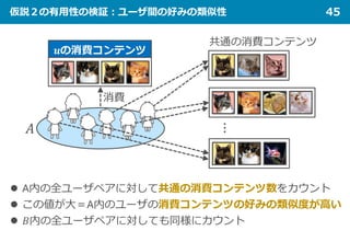 仮説２の有用性の検証：ユーザ間の好みの類似性 45
消費
共通の消費コンテンツ
…
 A内の全ユーザペアに対して共通の消費コンテンツ数をカウント
 この値が大＝A内のユーザの消費コンテンツの好みの類似度が高い
 𝐵𝐵内の全ユーザペアに対しても同様にカウント
𝐴𝐴
 