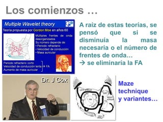 Los comienzos …
A raíz de estas teorías, se
pensó
que
si
se
disminuía
la
masa
necesaria o el número de
frentes de onda…
 se eliminaría la FA
Dr. J Cox

Maze
technique
y variantes…

 