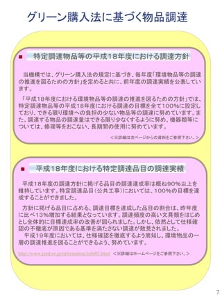 グリーン購入法に基づく物品調達


     特定調達物品等の平成１８年度における調達方針

 当機構では、グリーン購入法の規定に基づき、毎年度「環境物品等の調達
の推進を図るための方針」を定めると共に、前年度の調達実績を公表してい
ます。
 「平成１８年度における環境物品等の調達の推進を図るための方針」では、
特定調達物品等の平成１８年度における調達の目標を全て１００％に設定し
ており、できる限り環境への負担の少ない物品等の調達に努めています。ま
た、調達する物品の調達量はできる限り少なくするように努め、機器類等に
ついては、修理等をおこない、長期間の使用に努めています。
                                   ＜※詳細は次ページからの資料をご参照下さい。＞




      平成１８年度における特定調達品目の調達実績
 平成１８年度の調達方針に掲げる品目の調達達成率は概ね９０％以上を
維持しています。特定調達品目（公共工事）においては、１００％の目標を達
成することができました。
 方針に掲げる品目に占める、調達目標を達成した品目の割合は、昨年度
に比べ１３％増加する結果となっています。調達頻度の高い文具類をはじめ
とし全体的に目標達成率の改善が図られました。しかし、依然として仕様確
認の不徹底が原因である基準を満たさない調達が散見されました。
 平成１９年度においては、仕様確認を徹底するよう周知し、環境物品の一
層の調達推進を図ることができるよう、努めています。
http://www.jeed.or.jp/information/info03.html ＜※詳細はホームページをご参照下さい。＞




                                                                     7
 