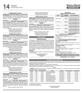 14

Diário Oficial
GUARUJÁ

sábado

19 de outubro de 2013

PORTARIA AGM Nº. 637/2013
ANDRÉ FIGUEIRAS NOSCHESE GUERATO, ADVOGADO GERAL
DO MUNICÍPIO, usando de suas atribuições legais, nos termos
da Lei Complementar n.º 135/2012 de 05 de abril de 2012 e do
Decreto n.º 10.312/2013 de 14 de março de 2013, alterado pelo
Decreto nº. 10.594 de 11 de outubro de 2013.
RESOLVE:
INSTAURAR, nos termos do artigo 549 da Lei Complementar n.º 135/2012, SINDICÂNCIA INVESTIGATÓRIA sob n.º
38817/145026/2011, para apurar os fatos descritos na representação encaminhada pelo Advogado Geral do Município, cujo
objeto versa sobre a convalidação dos endereços dos ocupantes dos empregos de agente comunitário de saúde no segundo
semestre de 2011, com fundamentos e razões que fazem parte
integrante deste ato.
Autorize-se, registre-se e dê-se ciência.
Guarujá, 14 de outubro de 2013.
André Figueiras Noschese Guerato
Advogado Geral do Município
PORTARIA AGM Nº. 638/2013
ANDRÉ FIGUEIRAS NOSCHESE GUERATO, ADVOGADO GERAL
DO MUNICÍPIO, usando de suas atribuições legais, nos termos
da Lei Complementar n.º 135/2012 de 05 de abril de 2012 e do
Decreto n.º 10.312/2013 de 14 de março de 2013, alterado pelo
Decreto nº. 10.594 de 11 de outubro de 2013.
RESOLVE:
INSTAURAR, nos termos do artigo 549 da Lei Complementar n.º 135/2012, SINDICÂNCIA INVESTIGATÓRIA sob n.º
5877/942/2012, para apurar os fatos descritos na representação encaminhada pelo Advogado Geral do Município, cujo objeto versa sobre ausência de servidor em plantão, com fundamentos e razões que fazem parte integrante deste ato.
Autorize-se, registre-se e dê-se ciência.
Guarujá, 14 de outubro de 2013.
André Figueiras Noschese Guerato
Advogado Geral do Município
PORTARIA AGM Nº. 640/2013
ANDRÉ FIGUEIRAS NOSCHESE GUERATO, ADVOGADO GERAL
DO MUNICÍPIO, usando de suas atribuições legais, nos termos
da Lei Complementar n.º 135/2012 de 05 de abril de 2012 e do
Decreto n.º 10.312/2013 de 14 de março de 2013, alterado pelo
Decreto nº. 10.594 de 11 de outubro de 2013.
RESOLVE:
INSTAURAR, nos termos do artigo 549 da Lei Complementar n.º 135/2012, SINDICÂNCIA INVESTIGATÓRIA sob nº.
15753/137739/2012, para apurar os fatos descritos na representação encaminhada pelo Advogado Geral do Município, cujo
objeto versa sobre férias agendadas de servidora que na época
não as cumpriu, com fundamentos e razões que fazem parte integrante deste ato.
Autorize-se, registre-se e dê-se ciência.
Guarujá, 14 de outubro de 2013.
André Figueiras Noschese Guerato
Advogado Geral do Município
PORTARIA AGM Nº. 641/2013
ANDRÉ FIGUEIRAS NOSCHESE GUERATO, ADVOGADO GERAL
DO MUNICÍPIO, usando de suas atribuições legais, nos termos
da Lei Complementar n.º 135/2012 de 05 de abril de 2012 e do
Decreto n.º 10.312/2013 de 14 de março de 2013, alterado pelo
Decreto nº. 10.594 de 11 de outubro de 2013.
RESOLVE:
INSTAURAR, nos termos do artigo 549 da Lei Complementar n.º 135/2012, SINDICÂNCIA INVESTIGATÓRIA sob
nº.9222/58303/2013, para apurar os fatos descritos na representação encaminhada pelo Advogado Geral do Município, cujo
objeto versa sobre acidente de trânsito envolvendo ambulância
oficial, com fundamentos e razões que fazem parte integrante
deste ato.
Autorize-se, registre-se e dê-se ciência.

EDITAL 2014
CURSOS TÉCNICOS DE NÍVEL MÉDIO

Guarujá, 14 de outubro de 2013.
André Figueiras Noschese Guerato
Advogado Geral do Município
PORTARIA AGM Nº. 645/2013
ANDRÉ FIGUEIRAS NOSCHESE GUERATO, ADVOGADO GERAL
DO MUNICÍPIO, usando de suas atribuições legais, nos termos
da Lei Complementar n.º 135/2012 de 05 de abril de 2012 e do
Decreto n.º 10.312/2013 de 14 de março de 2013, alterado pelo
Decreto nº. 10.594 de 11 de outubro de 2013.
RESOLVE:
INSTAURAR, nos termos do artigo 549 da Lei Complementar n.º 135/2012, SINDICÂNCIA INVESTIGATÓRIA sob n.º
9142/145214/2013, para apurar os fatos descritos na representação encaminhada pelo Advogado Geral do Município, cujo
objeto versa sobre furto ocorrido no bolsa família vinculado à
SEDESC, com fundamentos e razões que fazem parte integrante
deste ato.
Autorize-se, registre-se e dê-se ciência.
Guarujá, 14 de outubro de 2013.
André Figueiras Noschese Guerato
Advogado Geral do Município

educação
Edital de Convocação
O Presidente do Conselho Municipal de Educação, no uso de
suas atribuições, conferidas pela Lei Municipal nº 2546 de 07
de julho de 1997, Decreto Municipal nº 5714, de 28/03/2000,
pelo presente Edital, convoca os Membros deste Conselho para
Reunião Extraordinária a ser realizada no dia 22 de outubro de
2013 (terça-feira), na Sala dos Conselhos, localizada a Av. Adriano Dias dos Santos, nº 611, Jardim Boa Esperança, Guarujá, às
quinze horas em 1ª chamada e às quinze horas e trinta minutos
em 2ª chamada, com qualquer número de Conselheiros, com a
seguinte pauta:
Expediente
1 - Discussão do Ofício nº 804/2013 - Apreciação de Subvenções
do referido Ofício
Guarujá, 16 de outubro de 2013.
José Edmur Boteon
Presidente

TOTAL
HORÁRIOS
DE
DOS CURSOS
VAGAS

CURSOS

ESCOLARIDADE MÍNIMA

Ter concluído o Ensino Médio no ato
19h00min às da matrícula ou estar cursando a 2ª
23h00min ou 3ª série do Ensino Médio em 2014
MANUAL DE INSCRIÇÃO R$ 10,00
Ter concluído o Ensino Médio no ato
19h00min às da matrícula ou estar cursando a 2ª
CONTABILIDADE
50
23h00min ou 3ª série do Ensino Médio em 2014
MANUAL DE INSCRIÇÃO R$ 10,00
Ter concluído o Ensino Médio no ato
19h00min às da matrícula ou estar cursando a 2ª
MECÂNICA
100
23h00min ou 3ª série do Ensino Médio em 2014
MANUAL DE INSCRIÇÃO R$ 10,00
Ter concluído o Ensino Médio no ato
19h00min às da matrícula ou estar cursando a 2ª
MEIO AMBIENTE
50
23h00min ou 3ª série do Ensino Médio em 2014
MANUAL DE INSCRIÇÃO R$ 10,00
Ter concluído o Ensino Médio no ato
19h00min às da matrícula ou estar cursando a 2ª
QUÍMICA
100
23h00min ou 3ª série do Ensino Médio em 2014
MANUAL DE INSCRIÇÃO R$ 10,00
DO PERÍODO, LOCAL E HORÁRIO DAS INSCRIÇÕES.
. Período de inscrições: de 21 a 25 de outubro de 2013.
. Horário: das 17h00 min. às 21h00 min.
. Local: E. M. 1º de Maio – Av. Adriano Dias dos Santos, 611 - Jd. Boa Esperança,
VC - Guarujá/SP.
Tel.: (13) 3355-1349
. Documentação: RG original no ato da entrega das Fichas de Inscrição.
LOCAIS, DIAS E HORÁRIOS DAS PROVAS DE SELEÇÃO.
• ADMINISTRAÇÃO e CONTABILIDADE.
Dia: 02/12/2013
Local: Escola Municipal Myriam Terezinha Wichroski Millbourn (ao lado a E.M “1º
de Maio).
Endereço: Av. Adriano Dias dos Santos, 623 – Jd. Boa Esperança, VC – Guarujá/SP.
Horário: Início – às 20h00 min. Término – às 22h00 min.
• MEIO AMBIENTE e QUÍMICA.
Dia: 02/12/2013
Local: Escola Municipal “1º de Maio”
Endereço: Av. Adriano Dias dos Santos, 611 – Jd. Boa Esperança, VC – Guarujá/SP.
Horário: Início – às 20h00 min. Término – às 22h00 min.
• MECÂNICA.
Dia: 02/12/2013
Local: Escola Municipal Napoleão Rodrigues Laureano
Endereço: Av. Oswaldo Aranha, 365 – Jd. Maravilha, VC – Guarujá/SP.
Horário: Início – às 20h00 min. Término – às 22h00 min.
O CANDIDATO DEVERÁ A COMPARECER AO LOCAL DA PROVA, COM 30 MINUTOS DE ANTECEDÊNCIA, MUNIDO DE: CANETA ESFEROGRÁFICA AZUL OU PRETA, LÁPIS E BORRACHA, PORTANDO DOC. IDENTIDADE (COM FOTO) ORIGINAL.
ADMINISTRAÇÃO

50

VESTIBULINHO – E. M. “1º de Maio”

guarujá previdência
A Diretora Presidente do Fundo Especial de Previdência Social dos servidores públicos efetivos do Município de Guarujá, usando das
atribuições que lhe são conferidas por lei, e
Considerando o disposto no Decreto N° 10.173, de 18 de Janeiro de 2013;
Considerando as normas contidas na Lei Complementar n° 135, de 04 de abril de 2012, e alterações, que dispõem sobre o Regime
Próprio de Previdência Social (RPPS) do Município de Guarujá;
RESOLVE:
I – DEFERIR os benefícios de que tratam os artigos 860 e 871 da Lei Complementar n° 135 de 04 de abril de 2012, aos servidores
abaixo relacionados, nos períodos descritos:
PORTARIA
655/2013
656/2013
657/2013
658/2013
659/2013
660/2013
661/2013
662/2013
663/2013
664/2013
665/2013

PRONT.
12.988
10.693
12.542
19.077
20.173
10.257
11.343
16.313
12.593
5.804
14.544

PROCESSO INTERNO
014/2013
158/2013
175/2013
223/2013
276/2013
329/2013
360/2013
432/2013
433/2013
436/2013
431/2013

NOME
EDILEUZA ANDRADE SANTOS
ANA MARIA MESSIAS RIBEIRO
LISSANDRA VAZ
JONAS SILVA
THAIS ANDRADE DOS SANTOS
MAGALI GASPAR LOURENÇO
JUSSIARA PEREIRA DOS SANTOS
ANA FLAVIA VIANA B. ARAUJO
ROSEMAR SERAFIM DOS SANTOS
CARLOS ROBSON DA SILVA
GISELE CORREIA DE ANDRADE

BENEFÍCIO
Auxílio Doença
Auxílio Doença
Auxílio Doença
Auxílio Doença
Auxílio Doença
Auxílio Doença
Auxílio Doença
Auxílio Doença
Auxílio Doença
Auxílio Doença
Licença Gestante

INÍCIO DO BENEFÍCIO
01/10/2013
24/09/2013
02/10/2013
09/10/2013
11/10/2013
02/10/2013
16/10/2013
03/10/2013
11/10/2013
17/10/2013
25/09/2013

FIM DO BENEFÍCIO
05/11/2013
16/10/2013
27/10/2013
08/12/2013
10/11/2013
02/11/2013
05/11/2013
02/12/2013
10/11/2013
16/11/2013
22/01/2014

II – Estas Portarias entrarão em vigor na data de sua publicação, retroativas ao início das concessões dos benefícios.
III – Publique-se e cumpra-se.
Guarujá, 18 de Outubro de 2013
CELIA RODRIGUES RIBEIRO
Diretora Presidente

 