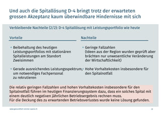 www.gesundheit-simme-saane.ch
Und auch die Spitallösung D-4 bringt trotz der erwarteten
grossen Akzeptanz kaum überwindbare Hindernisse mit sich
22
Verbleibende Nachteile (2/2): D-4 Spitallösung mit Leistungsportfolio wie heute
Die relativ geringen Fallzahlen und hohen Vorhaltekosten insbesondere für den
Spitalnotfall führen im heutigen Finanzierungssystem dazu, dass ein solches Spital mit
einem deutlich negativen jährlichen Betriebsergebnis rechnen muss.
Für die Deckung des zu erwartenden Betriebsverlustes wurde keine Lösung gefunden.
Vorteile Nachteile
§ Beibehaltung des heutigen
Leistungsportfolios mit stationären
Spitalleistungen am Standort
Zweisimmen
§ Gerade ausreichendes Leistungsspektrum,
um notwendiges Fachpersonal
zu rekrutieren
§ Geringe Fallzahlen
(Ideen aus der Region wurden geprüft aber
brächten nur unwesentliche Veränderung
der Wirtschaftlichkeit)
§ Hohe Vorhaltekosten insbesondere für
den Spitalnotfall
 
