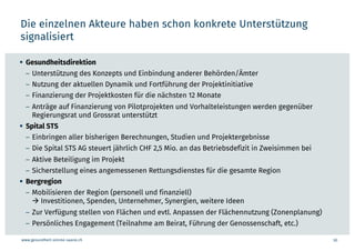 www.gesundheit-simme-saane.ch
Die einzelnen Akteure haben schon konkrete Unterstützung
signalisiert
30
§ Gesundheitsdirektion
– Unterstützung des Konzepts und Einbindung anderer Behörden/Ämter
– Nutzung der aktuellen Dynamik und Fortführung der Projektinitiative
– Finanzierung der Projektkosten für die nächsten 12 Monate
– Anträge auf Finanzierung von Pilotprojekten und Vorhalteleistungen werden gegenüber
Regierungsrat und Grossrat unterstützt
§ Spital STS
– Einbringen aller bisherigen Berechnungen, Studien und Projektergebnisse
– Die Spital STS AG steuert jährlich CHF 2,5 Mio. an das Betriebsdefizit in Zweisimmen bei
– Aktive Beteiligung im Projekt
– Sicherstellung eines angemessenen Rettungsdienstes für die gesamte Region
§ Bergregion
– Mobilisieren der Region (personell und finanziell)
à Investitionen, Spenden, Unternehmer, Synergien, weitere Ideen
– Zur Verfügung stellen von Flächen und evtl. Anpassen der Flächennutzung (Zonenplanung)
– Persönliches Engagement (Teilnahme am Beirat, Führung der Genossenschaft, etc.)
 