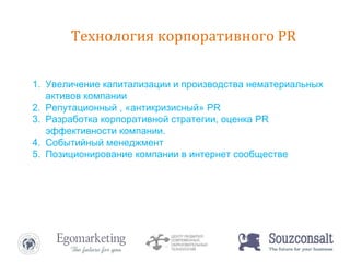 Технология корпоративного  PR Увеличение капитализации и производства нематериальных активов компании Репутационный , «антикризисный»  PR Разработка корпоративной стратегии, оценка  PR  эффективности компании. Событийный менеджмент Позиционирование компании в интернет сообществе 